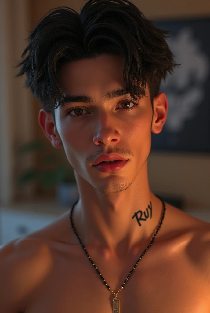 Young AI high quality Tattoo with name ruy on muscular neck tanned skin piercing gaze pink mouth with bedroom background