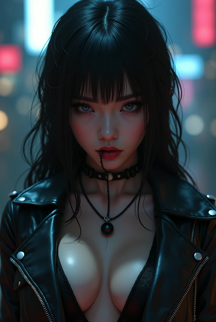 there is a woman wearing a ball gag and a leather jacket, cyberpunk art inspired by Leng Mei, trending on cgsociety, gothic art, beautiful cyberpunk girl face, female cyberpunk anime girl, gothic - cyberpunk, jet black haired cyberpunk girl, beautiful cyberpunk woman model, cyberpunk anime girl, hyper-realistic cyberpunk style, cyberpunk assassin, seductive cyberpunk dark fantasy, cyberpunk horror style
