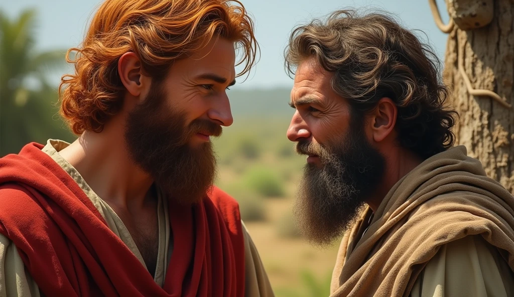 (best quality: 1.4), (Ultra Highres: 1.2), (photorealistic: 1.4), (8k, RAW photo: 1.2). The description of King David's physical appearance is not detailed in the biblical narrative, but her origin suggests that she probably had similar characteristics to other people in the region. He has good-looking red hair and a beard. Without historical-cultural context, the story of man with the appearance of a King, is in a friendly encounter with a rustic Samaritan man with a rustic appearance