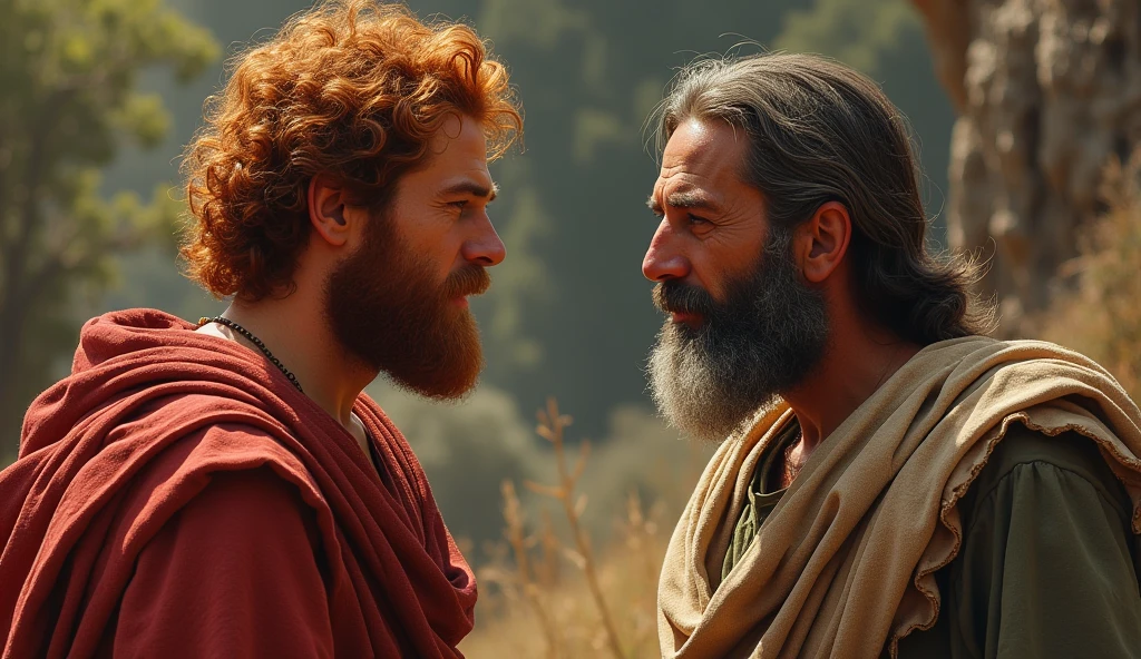 (best quality: 1.4), (Ultra Highres: 1.2), (photorealistic: 1.4), (8k, RAW photo: 1.2). The description of King David's physical appearance is not detailed in the biblical narrative, but her origin suggests that she probably had similar characteristics to other people in the region. He has good-looking red hair and a beard. Without historical-cultural context, the story of man with the appearance of a King, is in a friendly encounter with a rustic Samaritan man with a rustic appearance