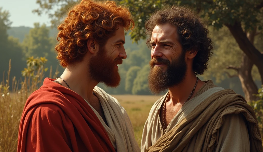 (best quality: 1.4), (Ultra Highres: 1.2), (photorealistic: 1.4), (8k, RAW photo: 1.2). The description of King David's physical appearance is not detailed in the biblical narrative, but her origin suggests that she probably had similar characteristics to other people in the region. He has good-looking red hair and a beard. Without historical-cultural context, the story of man with the appearance of a King, is in a friendly encounter with a rustic Samaritan man with a rustic appearance