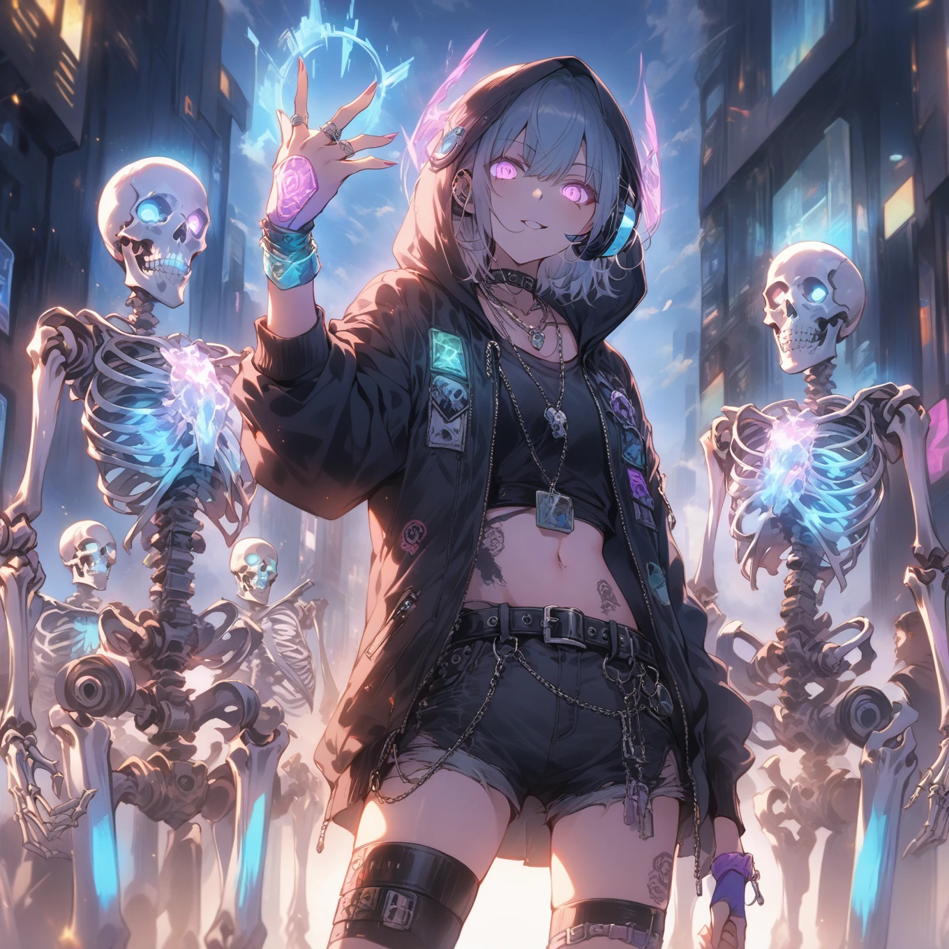 score_9_up, score_9, score_8_up, score_7_up, source_anime,masterpiece, best quality, high resolution, extremely detailed CG, absurdres, highres,In the cyberpunk city, several glowing mechanical skeletons are standing in front of a young girl. The girl, dressed in a punk-inspired outfit with a hooded jacket and neon headphones, raises her tattooed right hand, which is wearing silver jewelry and a silver ring, and glows with a magical light, 1girl, glowing, shorts, hood, navel, jewelry, fingerless gloves, belt, midriff, gloves, glowing eyes, jacket, tattoo, short hair, skeleton, necklace,good_hands