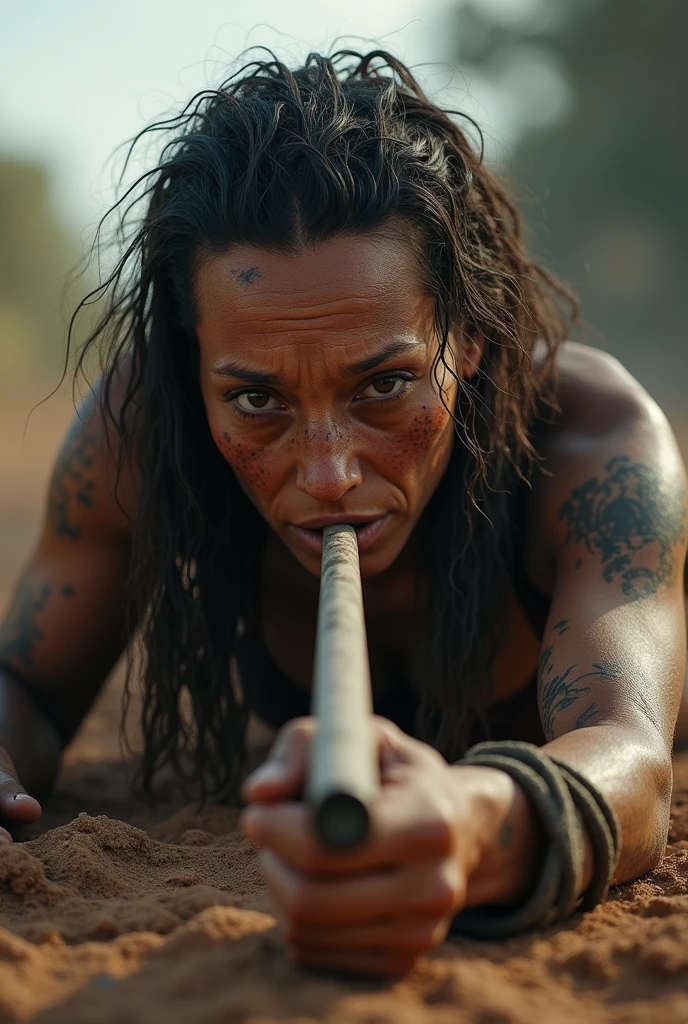 ((( masterpiece ))), (((Highest quality))), ((Very detailed)), (photograph), ((Very Rough and ugly)), High resolution, One dirty-face Amazon warrior woman, Age 65, laying on the groundwith a blowpipe in her mouth, ready to blow. Swollen and tattooed cheeks. Aiming to a target out of the frame. front POV (Detailed eyes), (Detailed facial features), (Detailed Weapons), (Detailed fingers), (Leg details), (Eyes visible through hair), ((Drunk Eyes)), (Embarrassing :1.2), (Toothless smile), (((Fuller lips))), (Desert Scene), (Upper Body), Colonial beige coat, ((Dim Light)), ((Film Grain)), ((Single-lens reflex camera)), ((35mm lens focal length)). 
Cinematic lights. Masterpiece, best quality, 8K, photo realistic, wallpaper, wallpaper 8k, photographic contest winner, Hyperrealistic art cinematic film still photography in the style of detailed hyperrealism photoshoot. [Entire scene is surrounded by lights, evoking a magical and eerie atmosphere. The lighting is bright and atmospheric, with smoke adding a touch of sinister ambiance. Best quality image, HDR enhancement, showcasing the utmost level of detail and realism]. [8K, Best Quality, Ultra High Resolution, (highly detailed CG unity 8k wallpaper), (best photo), (best shadows), isometric 3D, octane rendering, ray tracing, highly detailed, (Best quality, 4K, 8k:1.2), absurdity, ultra detailed, (realistic, photorealistic, photorealistic:1.37), complex parts, HDR, (complex parts:1.12), (hyper detailed, hyper realistic, Soft lighting, spicy:1.2), (complex parts, Hyper detailed:1.15). Blurred foreground. (backlit), masterpiece, high quality, brightness, chromatic aberration, foggy smoke, shadows, contrast, clear sky, (warm hue, warm tone), high details, natural reflections].