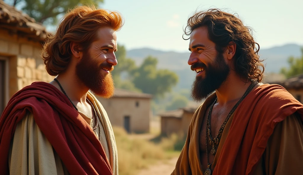 (best quality: 1.4), (Ultra Highres: 1.2), (photorealistic: 1.4), (8k, RAW photo: 1.2). The description of King David's physical appearance is not detailed in the biblical narrative, but her origin suggests that she probably had similar characteristics to other people in the region. He has good-looking red hair and a beard. Without historical-cultural context, the story of man with the appearance of a King, is in a friendly encounter with a rustic Samaritan man with a rustic appearance