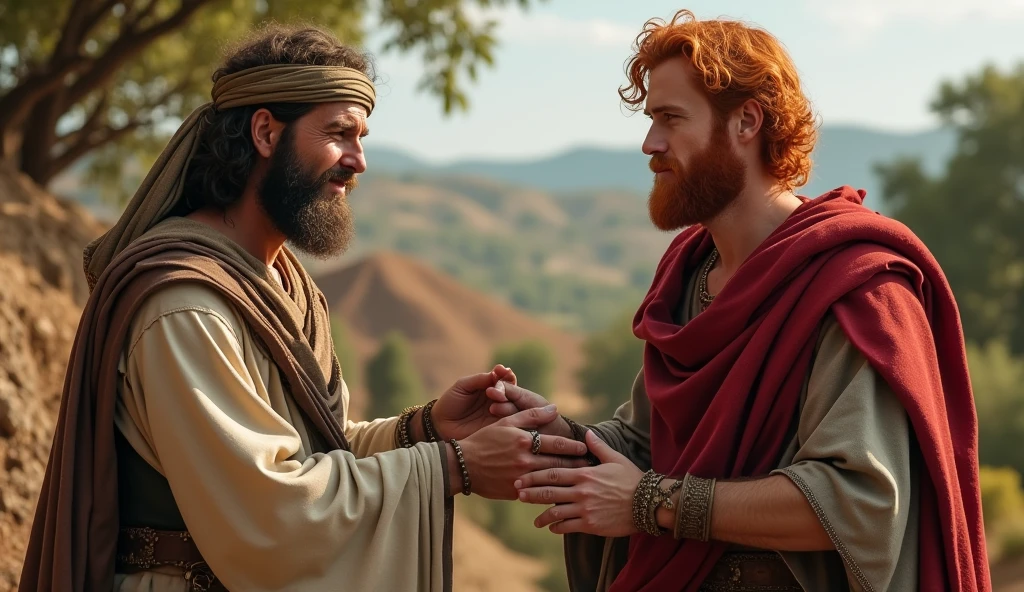 (best quality: 1.4), (Ultra Highres: 1.2), (photorealistic: 1.4), (8k, RAW photo: 1.2). The description of King David's physical appearance is not detailed in the biblical narrative, but her origin suggests that she probably had similar characteristics to other people in the region. He has good-looking red hair and a beard. Without historical-cultural context, the story of man with the appearance of a King, is in a friendly encounter with a rustic Samaritan man with a rustic appearance