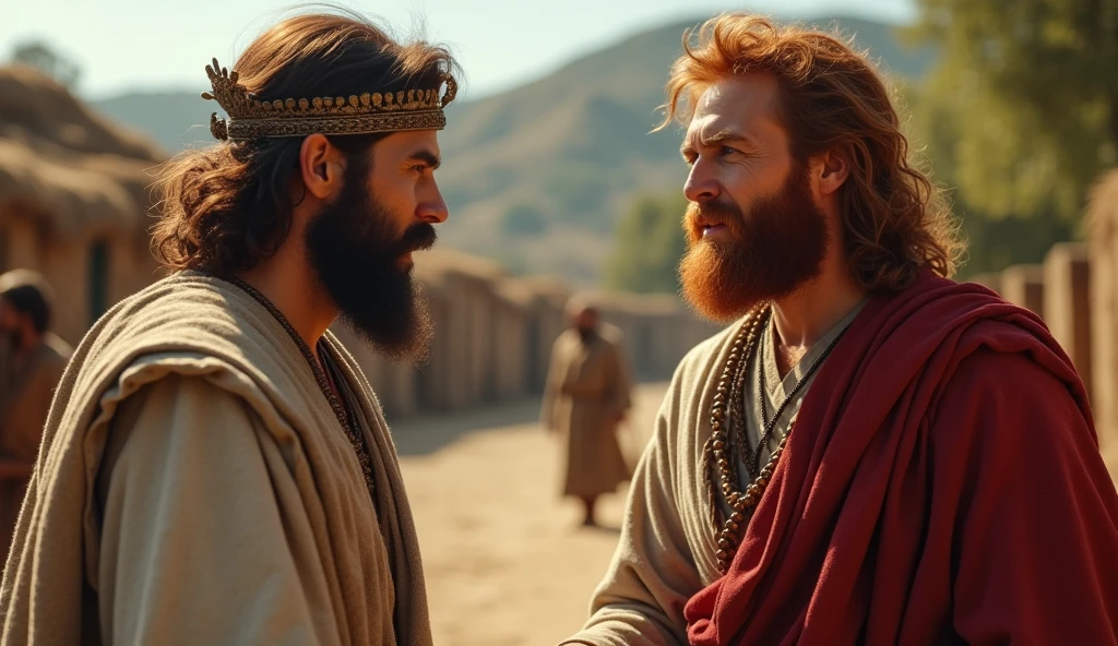 (best quality: 1.4), (Ultra Highres: 1.2), (photorealistic: 1.4), (8k, RAW photo: 1.2). The description of King David's physical appearance is not detailed in the biblical narrative, but her origin suggests that she probably had similar characteristics to other people in the region. He has good-looking red hair and a beard. Without historical-cultural context, the story of man with the appearance of a King, is in a friendly encounter with a rustic Samaritan man with a rustic appearance