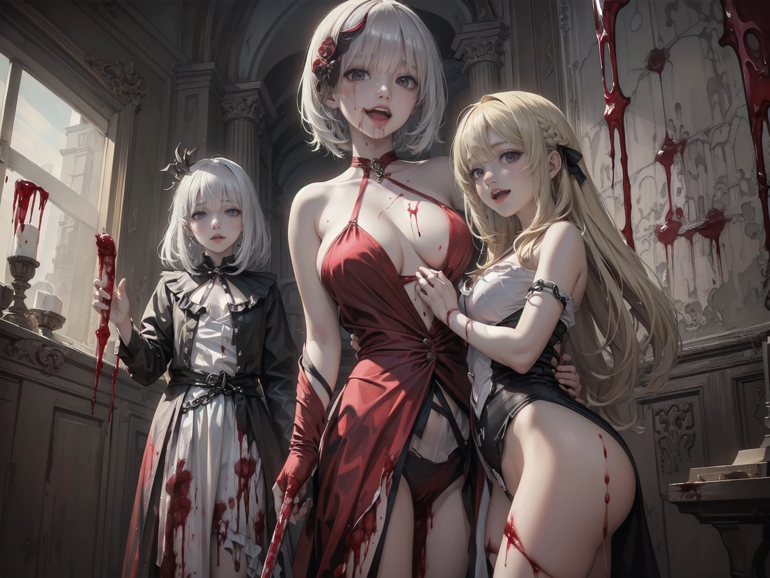 .(Highest quality,4K,High resolution,masterpiece:1.2),Very detailed,Realistic:1.37,Spooky altar background,Dark fantasy,Red color scheme,Ominous atmosphere,Eye-catching,Storytelling,anatomy,Anime Style,Concept Art,beautiful細部までこだわった顔と (((Red eyes ))),A terrifying ritual ,Satanic Ritual,Premature death,inappropriate behavior,クレイジーなsmile,Scythe Face,Girl Monster, beautiful, Delicate facial features, Sharp Eye, Sharp Fangs, pale skin, Thick chain, Dark Background, Cinema Lighting, Dramatic Shadows, Gothic style, Gloomy atmosphere, Dark fantasy, One Girl, Please open your mouth wide, Open your mouth and baring your teeth,Sharp teeth like a beast, Wide lips, very wide mouth, Vermilion cheeks, ,(Blood splatter:1.4),Scary smile, smile,Angel Design, Twisted smile、Bloody、bleeding from the head,,,,,、Blood splatter、,(Blood splatter:1.4),skull,Horrorスタイル, ((Fantasy Sweet Ta Frill Pink Costume)), ((Flowing blonde hair)), ,(Blood splatter:1.4),Female curves, Sexy flat stomach, Perfect hands, Perfect anime face, (Pink Tata Dress)), Are standing, ((邪悪なsmile)), ,(Blood splatter:1.4), Steam circulates, Moonlight Illumination, night lighting, (Blood splatter:1.6),アニメAngel Design, Twisted smile、Bloody、bleeding from the head,,,,,、Blood splatter、,(Blood splatter:1.4), skull,Gothic architecture、Western architecture、Fantasy World、,Victorian cities, Skeleton Gas Light,Absurd, High resolution、 ((Tabletop)), ((Highest quality)), (Very detailedな), ((Very detailed)), (beautiful), ((pretty girl)), (NFSW:1.8), alone,(:1.6)、(world'The most terrifying and creepy demon 女の子:1.5)beauul face、Whole Body Ezbian、pale, beautiful肌、beautiful金の髪、Smiling Kindly、Dark building ruins、(snow white'Frill dress:1.3)、(The dark ruins are stained with blood:1.3)、Low angle full body shot、(少女は血の海の中にAre standing:1.5)、(The ground is full of blood:1.3)、(The lost a lot of blood...:1.3)、(クレイジーなsmile:1.6)、Spirits、(Blood dripping from the mouth:1.3)、Neo-goth style, Wearing a black dress and a white collar, Wearing a black hat、wearing heavy makeup, Standing in a mystical garden surrounded by vines. The garden is full of deep purple flowers.、背景のGothic architecture。. 'The hair is golden、、A red rose is pinned to the side。. Her eyes are sharp、It'Like being stabbed., Thick black eyeliner and long lashes. 彼女は顔色がpale.、Her lips are bright red.. The atmosphere is gloomy and eerie, with dim lighting casting long shadows. This piece combines digital illustration and photography..., outcome、驚くほどHigh resolutionの画像が生まれました. Most of the colors are dark、I'Calm, Deep reds and purples create a dark beauty.. The style is neo-Gothic., Horror, Portrait Photography, Create unique and compelling visual experiences.Dark Imagery