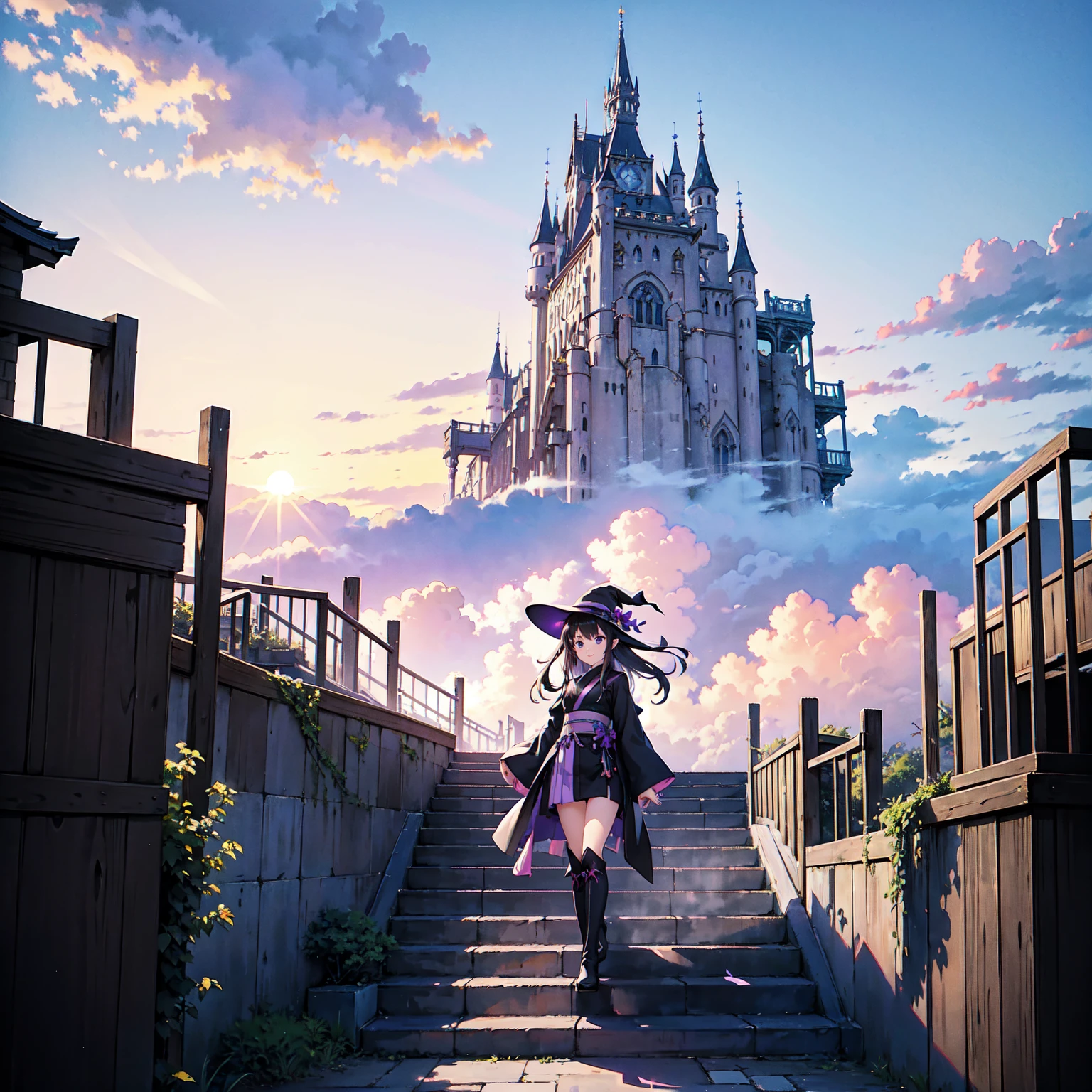 A girl with long purplish hair. A kind, full smile. Pointy elf ears. Her clothes are simple: a black robe with wide sleeves and a black miniskirt. Her knees are showing. There is a V-shaped white insert in the front, like a kimono. A witch's hat with purple ribbons on each side. Black boots. Background, bright painting, Makoto Shinkai, only endless stairs, long floating stairs, floating stairs in the air, stairs above clouds, illustration, nostalgic, vivid, above clouds, bright, fresh, sunset. A maze of connected stairs. Staircase labyrinth. Not touching land.