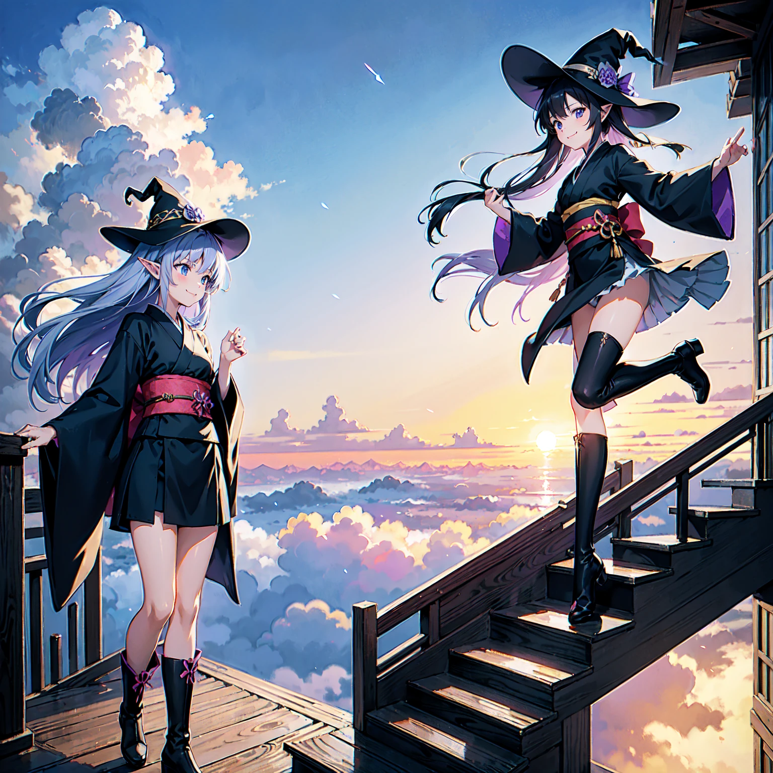 A girl with long purplish hair. A kind, full smile. Pointy elf ears. Her clothes are simple: a black robe with wide sleeves and a black miniskirt. Her knees are showing. There is a V-shaped white insert in the front, like a kimono. A witch's hat with purple ribbons on each side. Black boots. Background, bright painting, Makoto Shinkai, only endless stairs, long floating stairs, floating stairs in the air, stairs above clouds, illustration, nostalgic, vivid, above clouds, bright, fresh, sunset. A maze of connected stairs. Staircase labyrinth. Not touching land.
