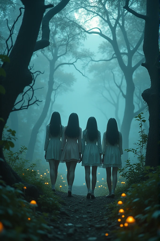 I'm taking photos for a new concept album. Create a concept photo of a girl group lost in a mysterious and strange forest