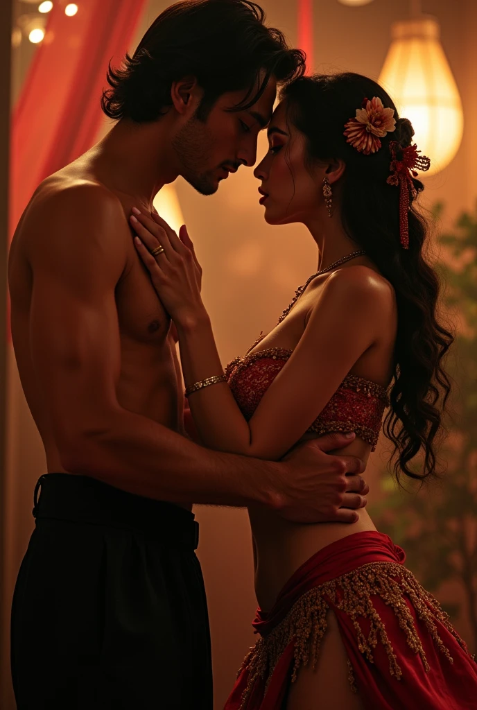 A man touches the deep navel of a Japanese belly dancer girl dancing