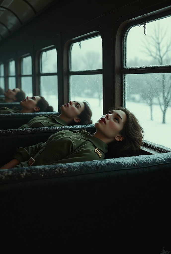 masterpiece, best quality,Soviet female soldiers,Steam locomotive interior,Lie on the window,World War II,TRAIN STATION,About to travel,dimly lit scene,Dim Lights,Snow outside the window