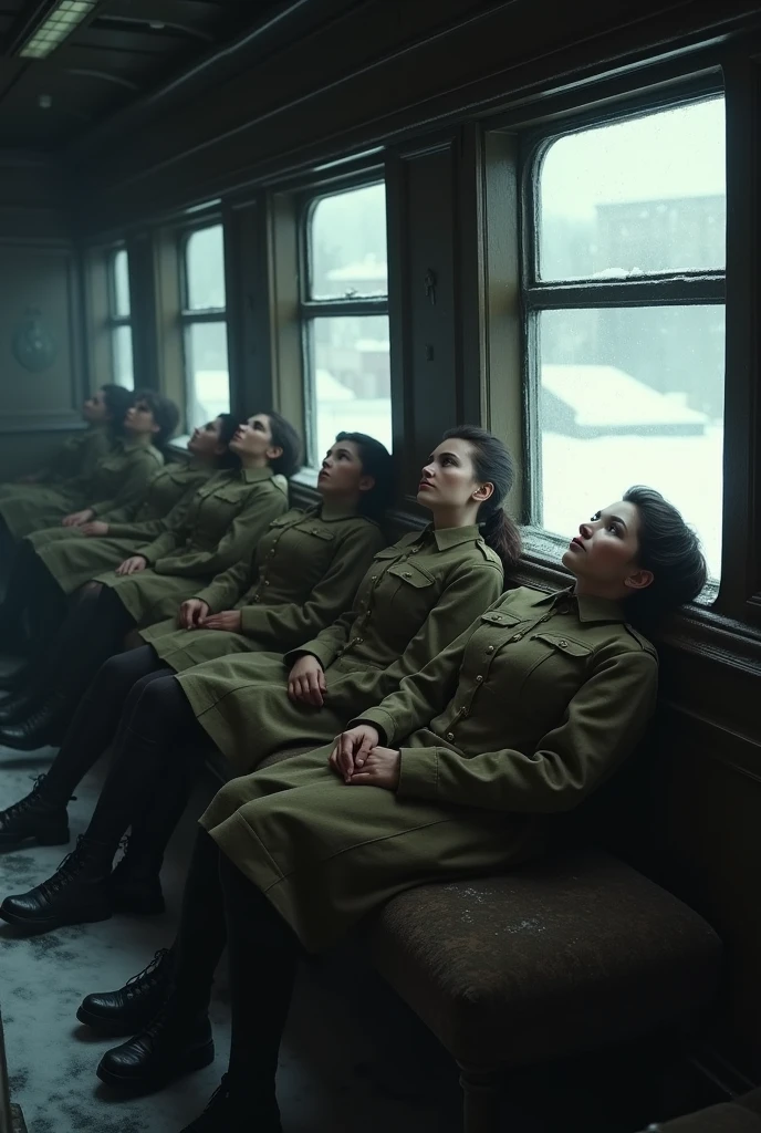 masterpiece, best quality,Soviet female soldiers，Steam locomotive interior，Lie on the window，World War II，TRAIN STATION，About to travel，dimly lit scene，Dim Lights，Snow outside the window