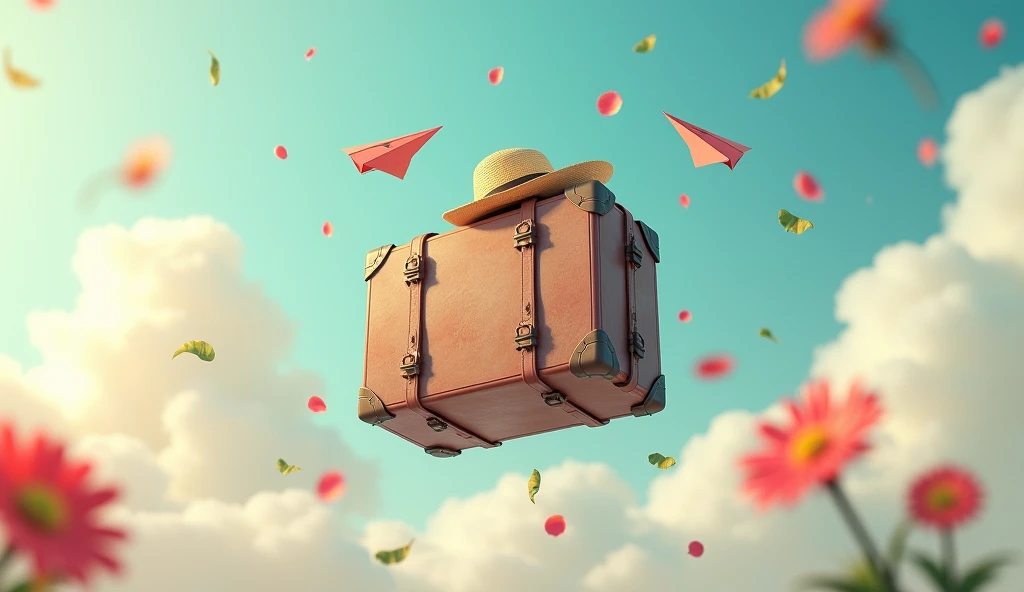 There is a suitcase with a straw hat on top, clouds, atmosphere, leaves, chrysanthemums floating in the air, paper airplanes, (miniature: 1.2), 2.5d illustration, 3d rendering, 3d modeling, bubble matt, trend in behans 3d art, trend in behans 3d art, 3d illustration, 3d illustration, 3d illustration, commercial illustration, cinema 4d color rendering, 3d rendering stylization, stylized digital illustration, 3d stylized scene, stylized 3d rendering