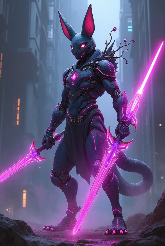 It has animal ears and a mechanical body and face.、Give me a purple cyber sword。A little more fluffy