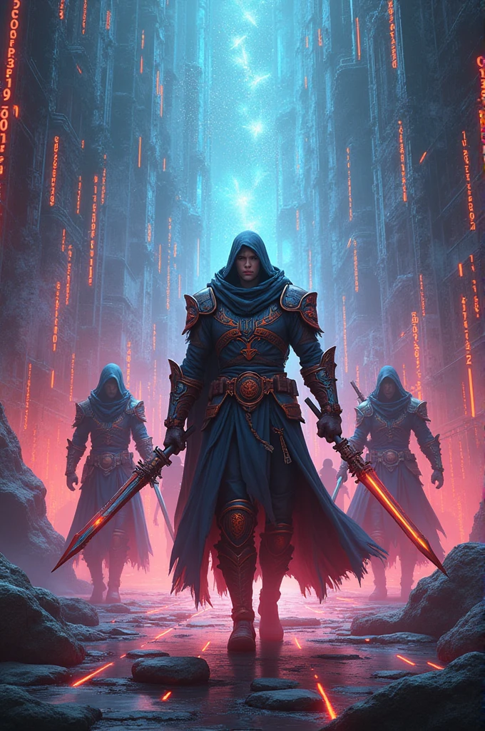 Generate me an image of some warriors and ry numbers and network cables in the background, and bright colors