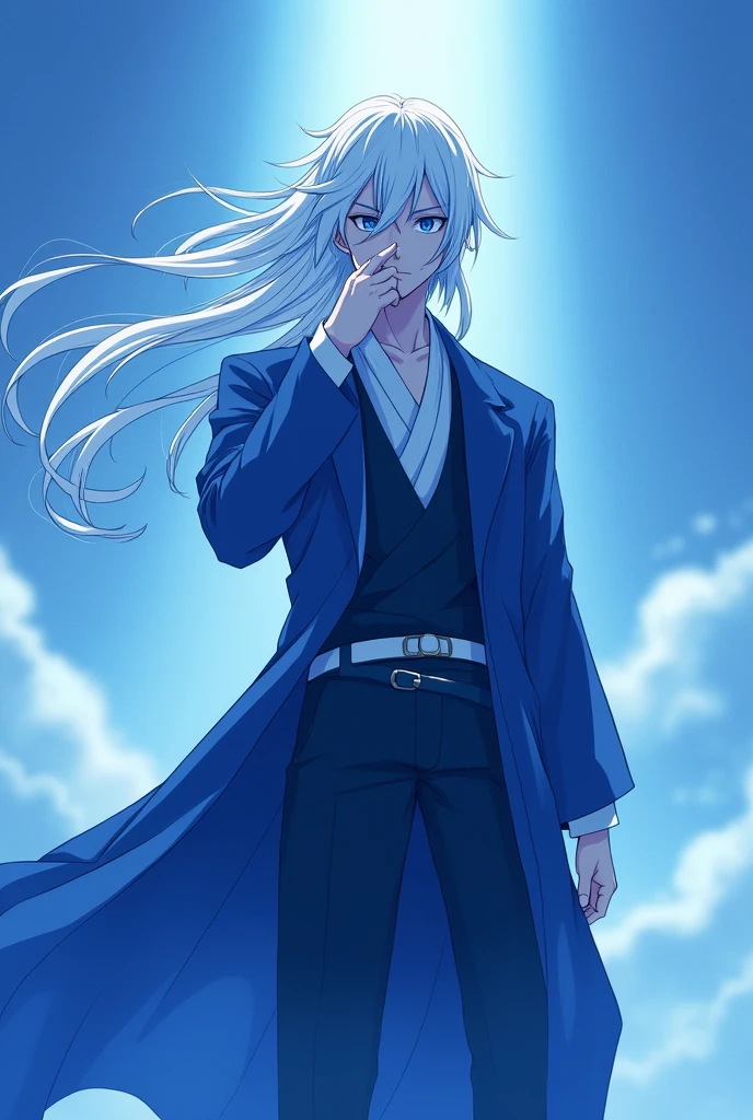 gojo satoru from jujutsu kaisen drawing with only the shade of color blue for the artwork no other colors, with a calm unique divine and majestic pose showcasing and emphasizing his eyes. one of his hand on his eye and his hair is flowing through the wind (six eyes) (male white hair)