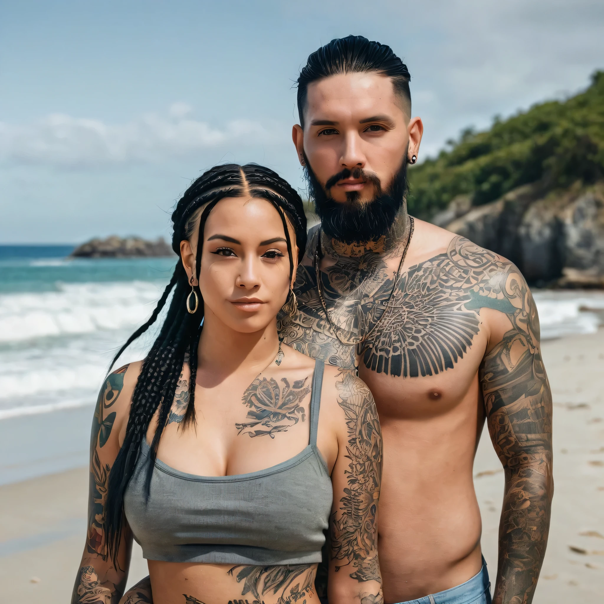 A realistic photo of a couple. He has tattoos on his chest and arms. He has short straight hair and a thin beard.. She has black hair with long braids and big breasts.. The two of them are on a beach. She looks at the camera