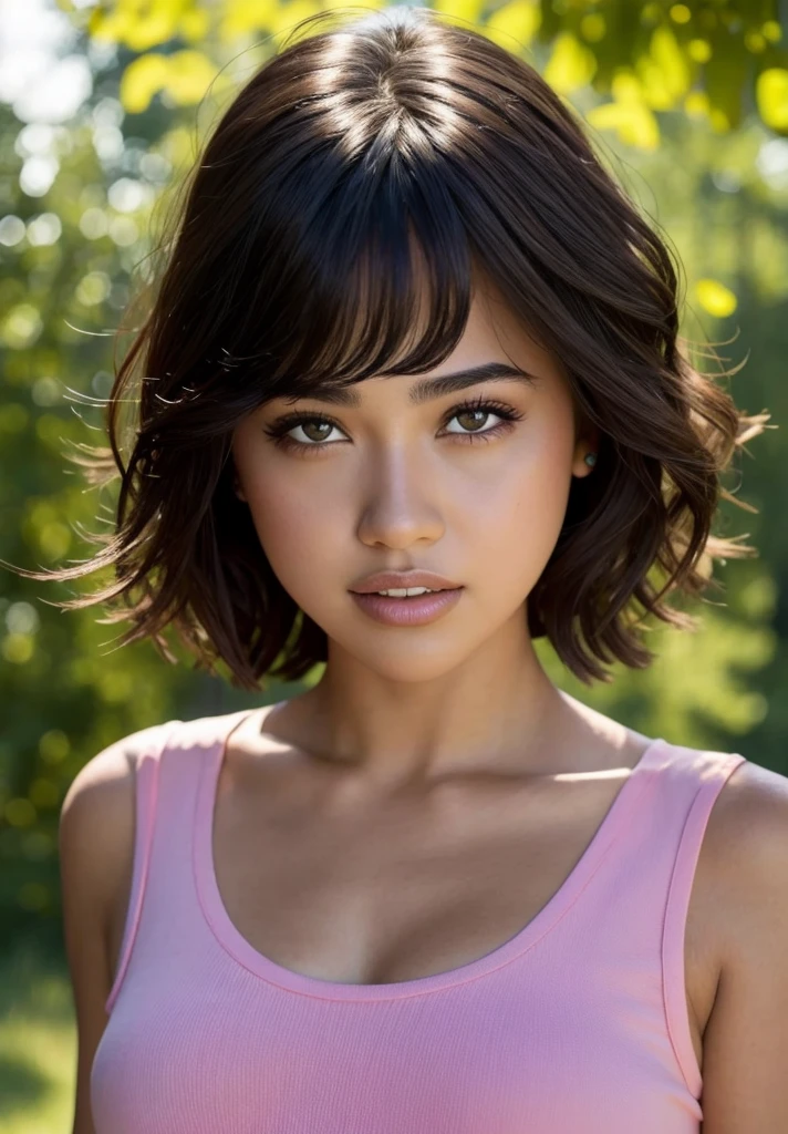 detailed eyes, (highly detailed skin:1.2), (realistic lighting:1.1), (realistic shadows:1.1), ((best quality)), (detailed), 8k uhd, (()),
isabelmoner-smf, dora, 1girl, solo, black hair, realistic, blurry background, blurry, shirt, lips, pink shirt, portrait, bangs, short hair, smile, nature, portrait