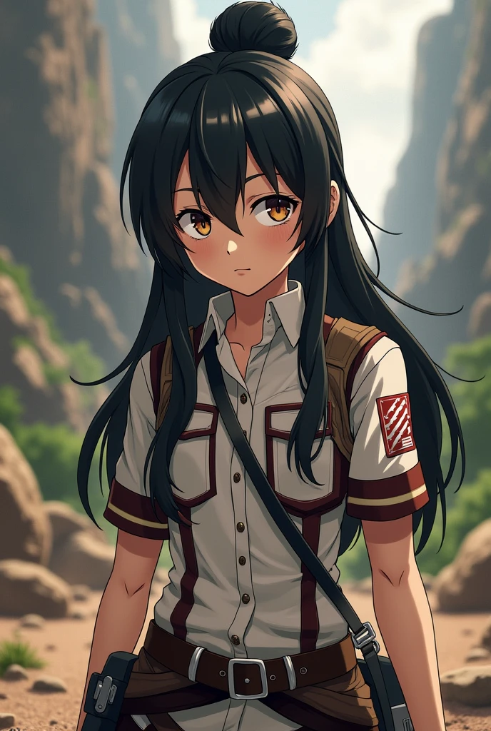 Her black hair is in a bun and her antennae are curled up。With bangs。Height is 155 cm。Female, around 30 years old　Cute and childlike。Attack on Titan style illustration。Research Corps
