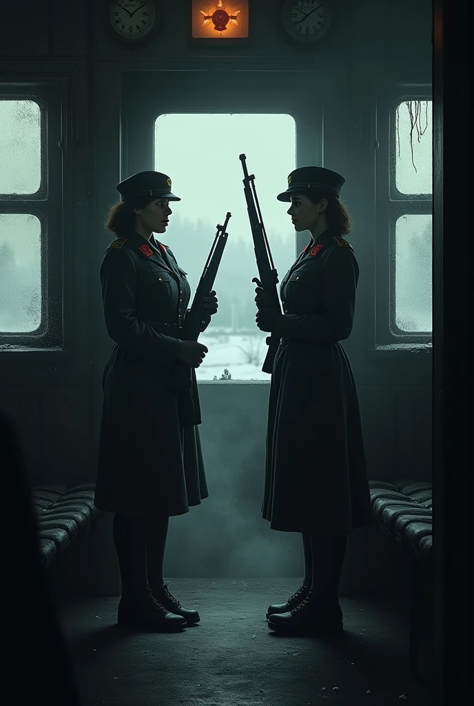 masterpiece, best quality,Soviet female soldiers,Steam locomotive interior,,World War II,TRAIN STATION,About to travel,dimly lit scene,Dim Lights,Snow outside the window