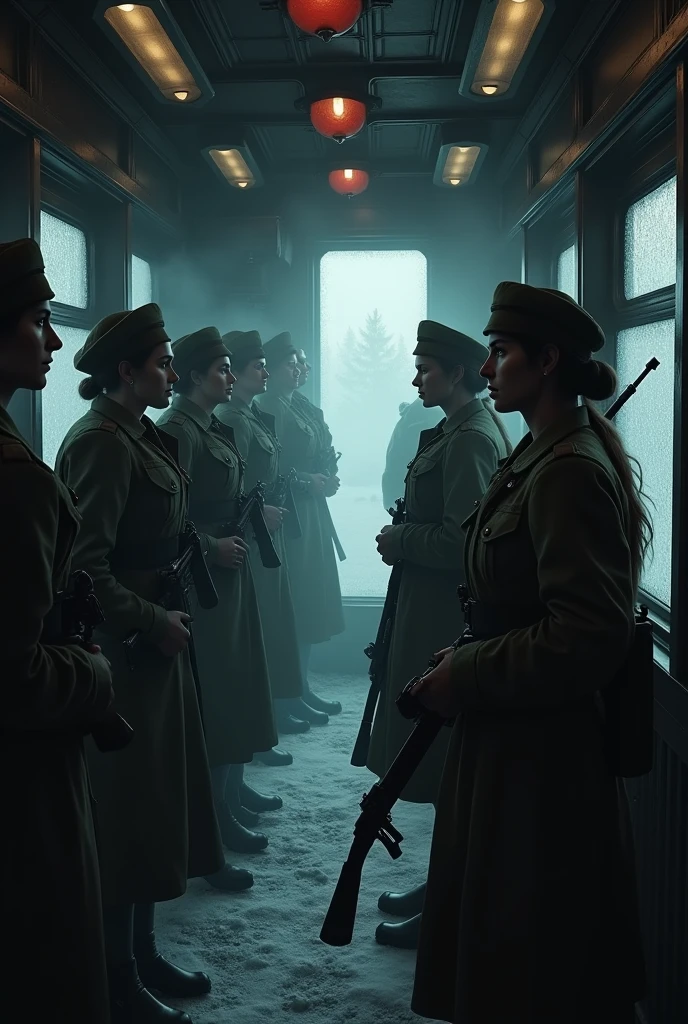 masterpiece, best quality,Soviet female soldiers，Steam locomotive interior，，World War II，TRAIN STATION，About to travel，dimly lit scene，Dim Lights，Snow outside the window