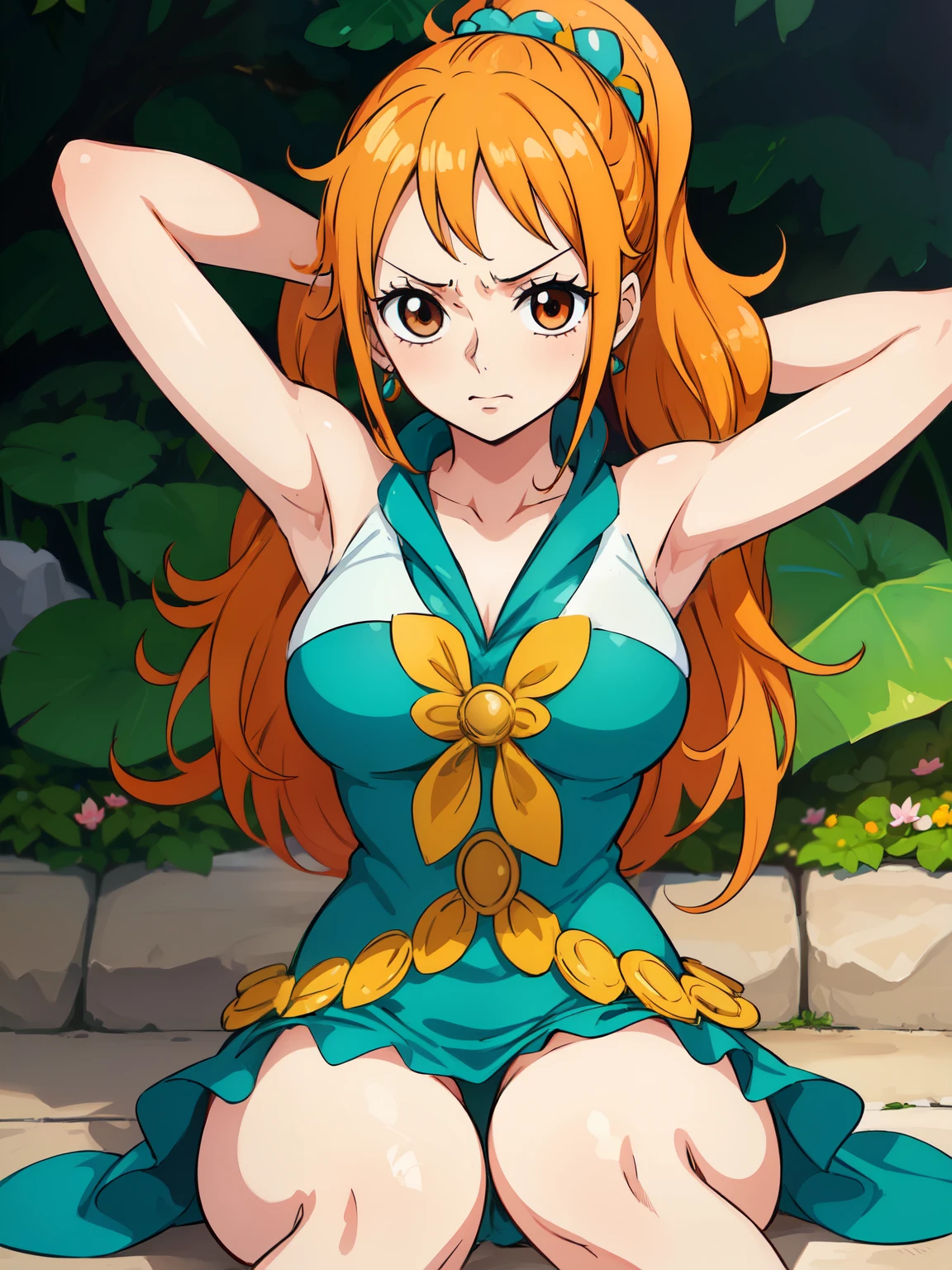 ((Put your arms behind your head)),side,side汗,Nami from One Piece, Long orange ponytail hair, (Highest quality, 4K, 8k, High resolution, masterpiece:1.2), Very detailed, Beautiful brown eyes, Blushing, Ahegao,Anime Style,sitting cross-legged、Lotus