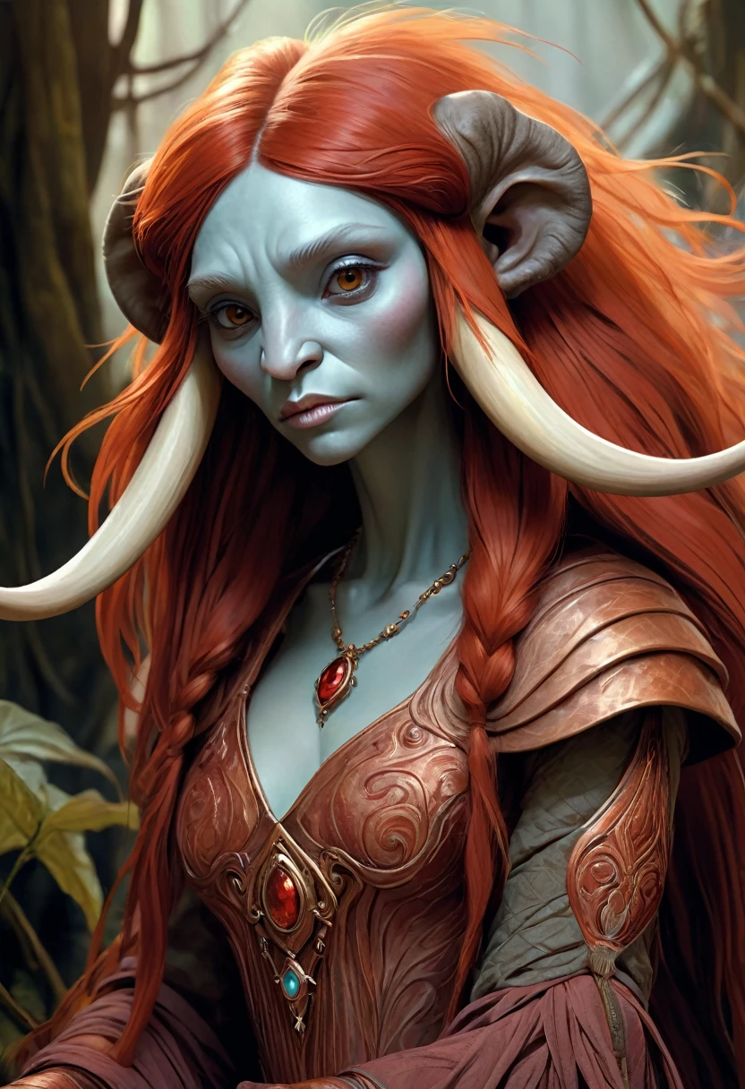 Brian Froud Inspired Beautiful Humanoid Creature. Cross Between A Wholly Mammoth And A walrus. Copper Red Fur. Female. Friendly And Inviting Looking. Exudes Good And Kindness. Wearing A 1920 Dress. Official Art, Award Winning Digital Painting, Digital Illustration, Extreme Detail, 4k, Ultra Hd, Rococo, Polished, Intricate, Realistic Fantasy Art, Sharp Focus, Concept Art, Art By Wlop, Artgerm, (2d Vector Illustration)
