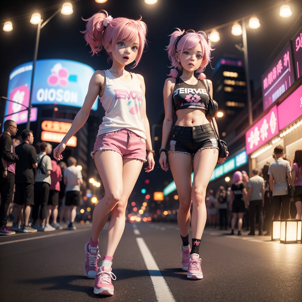 ((Chibi 3D))) Cute and beautiful chibi anime/Bob style hair mixed with pink, white and blue, wearing a colorful pink tank top, , 3d, artist name, blue eyes, blurry, blurry background, blurry foreground, bokeh, bridge, building, chain-link fence, christmas lights, chromatic aberration, city, city lights, cityscape, concert, copyright name, crowd, depth of field, east asian architecture, ferris wheel, glowstick, hair ornament, lamppost, letterboxed, lights, looking at viewer, motion blur, neon lights, night, night sky, open mouth, outdoors, photo \(medium\), photo background, pink hair, road, rooftop, shoes, shorts, skyline, skyscraper, smile, sneakers, solo, stadium, street, teeth, town, twintails