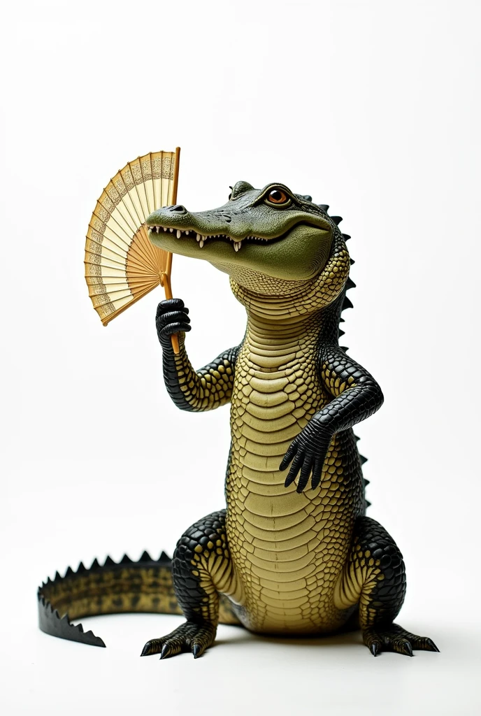 An alligator fanning itself with a fan on a white background