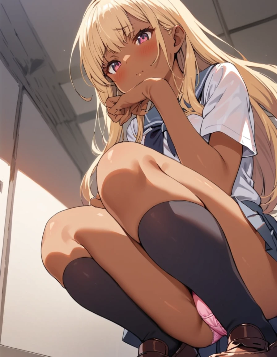 1girl, solo, school girl uniform, mini skirt, Pleated skirt, Sulky look, : (, squatting, panties, pink panties, dark skin, (((tanned skin))), blonde hair, long hair, putting hair behind ears, Cheek resting on hand, Black socks, Below-the-knee socks, loafers, In the shadows behind the school building, (((from below))), sitting, front view,