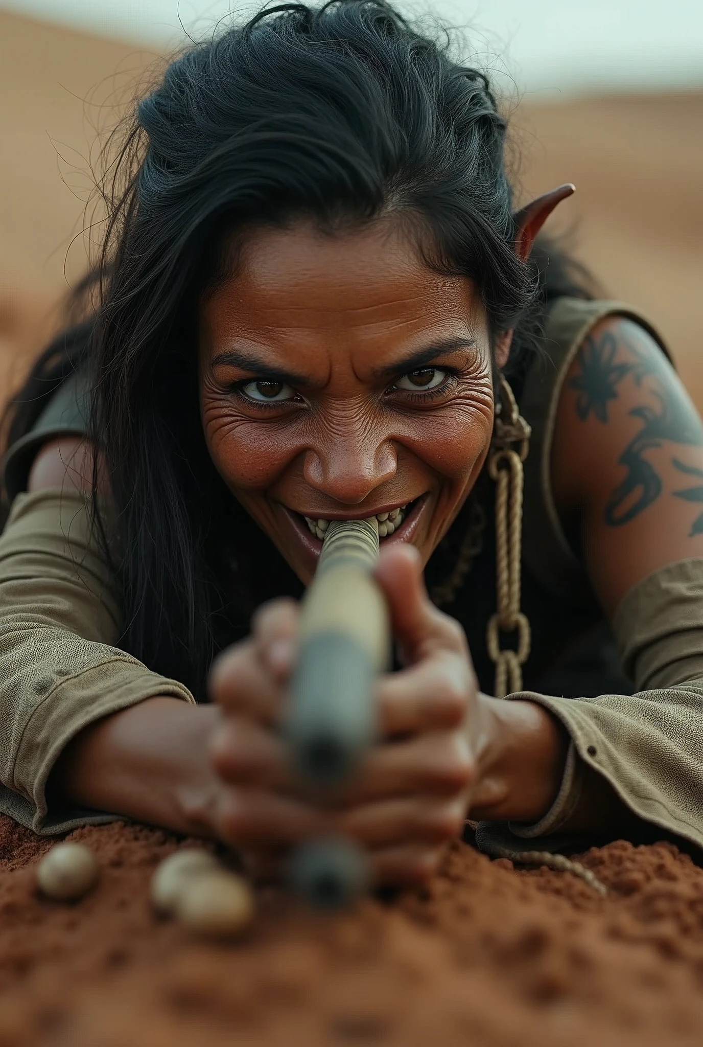((( masterpiece ))), (((Highest quality))), ((Very detailed)), (photograph), ((Very Rough and ugly)), High resolution, One dirty-face Amazon warrior woman, Age 65, laying on the groundwith a blowpipe in her mouth, ready to blow. Swollen and tattooed cheeks. Aiming to a target out of the frame. front POV (Detailed eyes), (Detailed facial features), (Detailed Weapons), (Detailed fingers), (Leg details), (Eyes visible through hair), ((Drunk Eyes)), (Embarrassing :1.2), (Toothless smile), (((Fuller lips))), (Desert Scene), (Upper Body), Colonial beige coat, ((Dim Light)), ((Film Grain)), ((Single-lens reflex camera)), ((35mm lens focal length)). 
Cinematic lights. Masterpiece, best quality, 8K, photo realistic, wallpaper, wallpaper 8k, photographic contest winner, Hyperrealistic art cinematic film still photography in the style of detailed hyperrealism photoshoot. [Entire scene is surrounded by lights, evoking a magical and eerie atmosphere. The lighting is bright and atmospheric, with smoke adding a touch of sinister ambiance. Best quality image, HDR enhancement, showcasing the utmost level of detail and realism]. [8K, Best Quality, Ultra High Resolution, (highly detailed CG unity 8k wallpaper), (best photo), (best shadows), isometric 3D, octane rendering, ray tracing, highly detailed, (Best quality, 4K, 8k:1.2), absurdity, ultra detailed, (realistic, photorealistic, photorealistic:1.37), complex parts, HDR, (complex parts:1.12), (hyper detailed, hyper realistic, Soft lighting, spicy:1.2), (complex parts, Hyper detailed:1.15). Blurred foreground. (backlit), masterpiece, high quality, brightness, chromatic aberration, foggy smoke, shadows, contrast, clear sky, (warm hue, warm tone), high details, natural reflections].