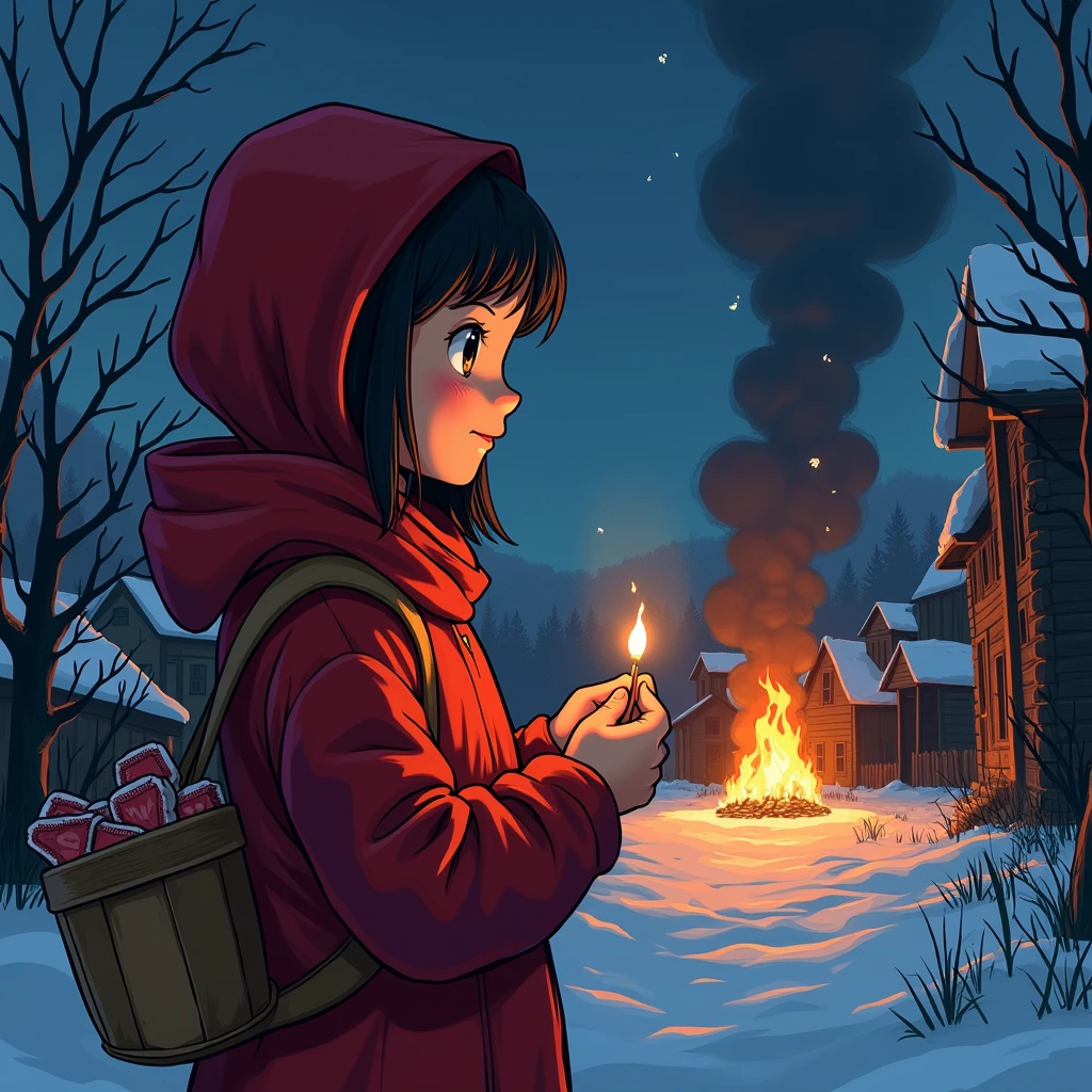 Bold brushstrokes anime style illustration, midwinter night, crazy fun, cinematic lighting, 19th century, European winter night, burning house, the little match girl watches, she smiles and lights a match. She is wearing a red coat with a hood and carrying a basket of matchboxes under her arm.