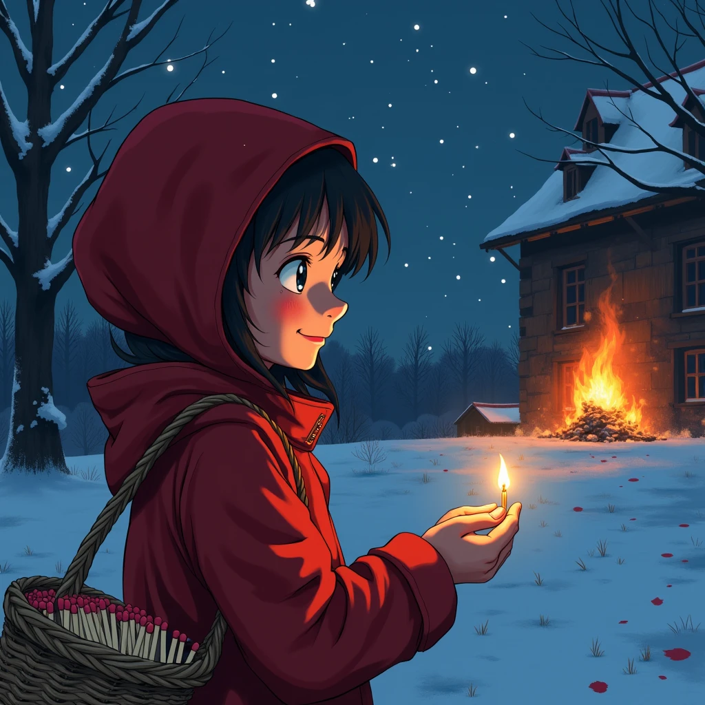 Bold brushstrokes anime style illustration, midwinter night, crazy fun, cinematic lighting, 19th century, European winter night, burning house, the little match girl watches, she smiles and lights a match. She is wearing a red coat with a hood and carrying a basket of matchboxes under her arm.