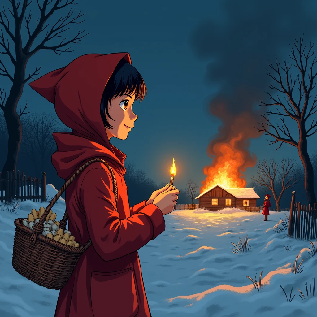 Bold brushstrokes anime style illustration, midwinter night, crazy fun, cinematic lighting, 19th century, European winter night, burning house, the little match girl watches, she smiles and lights a match. She is wearing a red coat with a hood and carrying a basket of matchboxes under her arm.