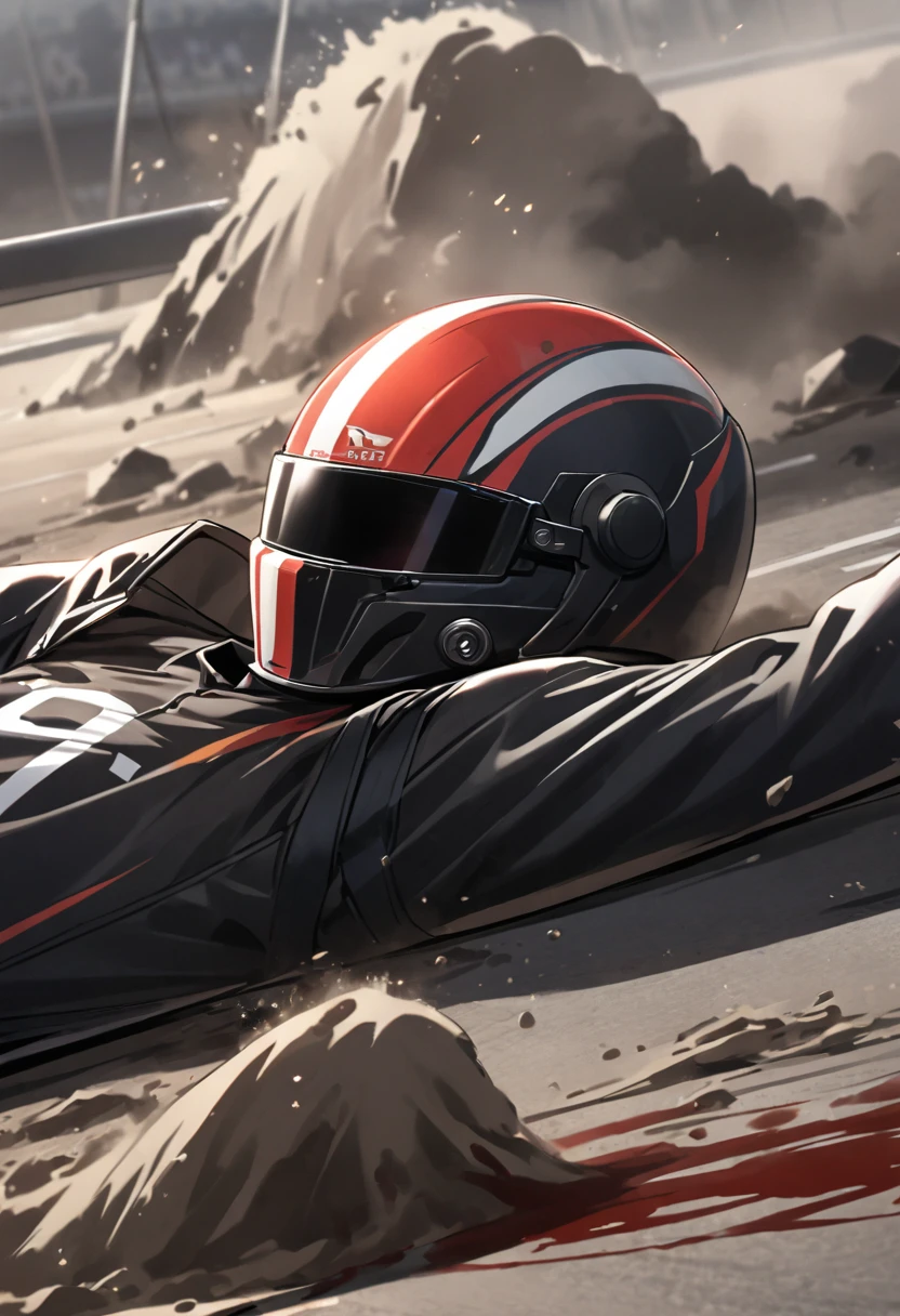 Male black racer, lies on the asphalt, blood, dust, black race helmet, crashed, black clothes, race