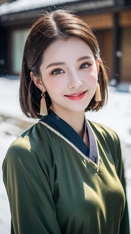 (1 girl, youthful gorgeous Lady, brown_eyes, brown_hair, cross_earrings, earrings, jewellery, Ancient China, Traditional Hanfu, Silk Hanfu, Hanfu, natural pose in a snowy night,
Detailed Beautiful face, Detailed Facial Features, beautiful eyes, dimples, snaggle-tooth, Kind smile, Red lips, short hair, bob hair, cute ponytail, extremely detailed eyes, extremely detailed face, beautiful detailed lips, long eyelashes, arms close together, ears out, golden ratio face, golden ratio body, perfect body anatomy, huge breasts, big breasts,
(SNOW:1.3),
Night outdoors, snow flakes, snow, winter,
(best quality, 4K, 8k, highres, masterpiece:1.2), ultra-detailed, (realistic, photorealistic, photo-realistic:1.37), HDR, UHD, sun light, ultra-fine painting, sharp focus, physically-based rendering, extreme detail description, professional, vivid colors, award-winning, bokeh, cowboy_shot, SFW, Safe for Work)