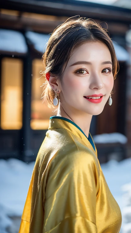 (1 girl, youthful gorgeous Lady, brown_eyes, brown_hair, cross_earrings, earrings, jewellery, Ancient China, Traditional Hanfu, Silk Hanfu, Hanfu, natural pose in a snowy night,
Detailed Beautiful face, Detailed Facial Features, beautiful eyes, dimples, snaggle-tooth, Kind smile, Red lips, short hair, bob hair, cute ponytail, extremely detailed eyes, extremely detailed face, beautiful detailed lips, long eyelashes, arms close together, ears out, golden ratio face, golden ratio body, perfect body anatomy, huge breasts, big breasts,
(SNOW:1.3),
Night outdoors, snow flakes, snow, winter,
(best quality, 4K, 8k, highres, masterpiece:1.2), ultra-detailed, (realistic, photorealistic, photo-realistic:1.37), HDR, UHD, sun light, ultra-fine painting, sharp focus, physically-based rendering, extreme detail description, professional, vivid colors, award-winning, bokeh, cowboy_shot, SFW, Safe for Work)