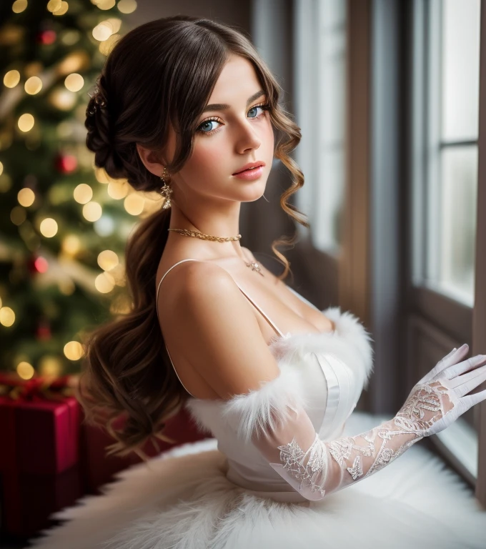 ((((((European girl, 16 years)))))), (((in a very long, fluffy dress with many skirts on wide straps in a small pattern in the style "Fantasy of the future", lace gloves above the elbow))), (((((deep neckline))))), beautiful female figure, ((((full body shot from head to toe)))), very erotic pose, thin waist, high facial detail, Photorealistic, 8k, 16K, cinematic lighting, sexy angle, Beautiful bright eyes, lustful look, plump sexy lips, beautiful holiday hairstyle, Beautiful cosmetics, Jewelry, Sharp Focus, complex parts, bright colors, warm color palette, super detailed photography, soft light, high-fashion, Glamour,