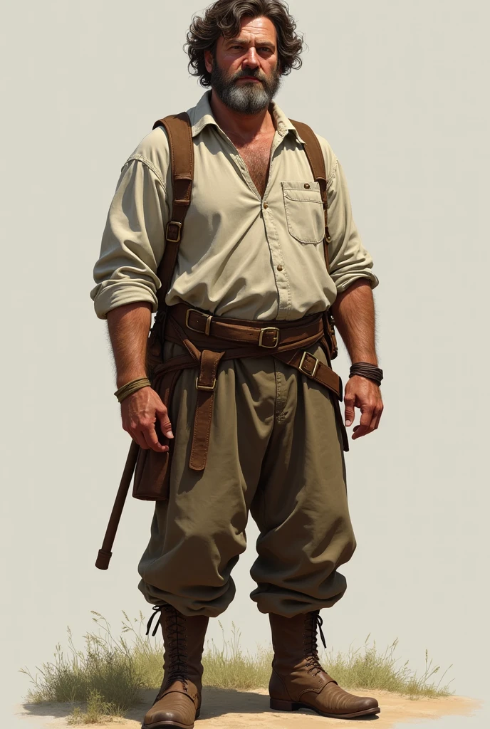 1.90 man with white skin, peasant clothes, brown curly hair