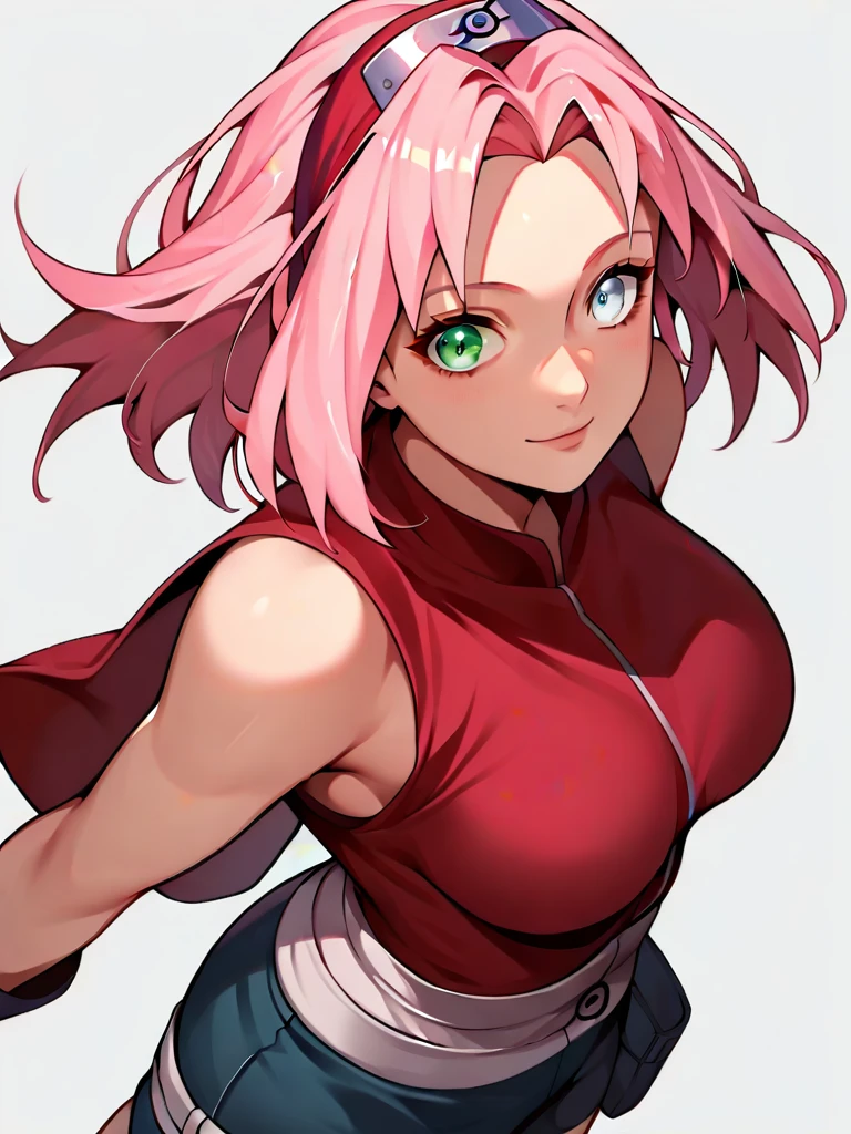 score_9, score_8_up, score_7_up,score_6_up, score_5_up, score_4_up, ((Split hair)), ((pink hair)), ((pink hair)), heterochromia, white eyes and green eyes, 1girl, solo, large breasts, 1girl, haruno sakura, forehead protector, sleeveless, red shirt, bike shorts, shorts, black gloves, Hinata Hyuga, long hair, blunt bangs, dark blue hair, light eyes, forehead protector, konohagakure symbol, purple and white hooded jacket, blue pants, holster, bandage on thigh, happy, cowboy shot, simple background