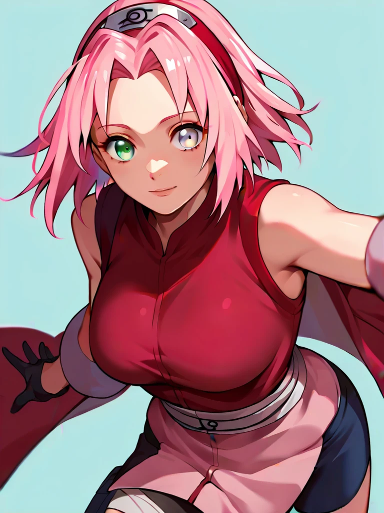 score_9, score_8_up, score_7_up,score_6_up, score_5_up, score_4_up, ((Split hair)), ((pink hair)), ((pink hair)), heterochromia, white eyes and green eyes, 1girl, solo, large breasts, 1girl, haruno sakura, forehead protector, sleeveless, red shirt, bike shorts, shorts, black gloves, Hinata Hyuga, long hair, blunt bangs, dark blue hair, light eyes, forehead protector, konohagakure symbol, purple and white hooded jacket, blue pants, holster, bandage on thigh, happy, cowboy shot, simple background