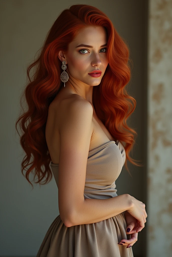 (Realistic photo of a beautiful woman, full body picture, 35 years old, grey eyes, full full lips, red hair, stylish skirt, long curly hair, curls, big boobs, tanned skin, jewellery, realistic, soft lighting, professional photography, photorealistic, detailed, RAW, sharp focus, ultra-high resolution, best quality, masterpiece, (best quality, high-resolution, ultra-detailed:1. 2), HDR, bright colours, sexy, earrings,  chair