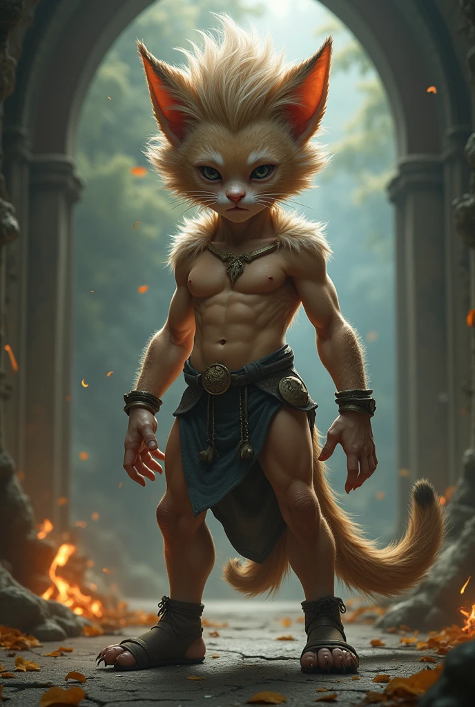 A very muscular wizard child, half human half cat, realisitic