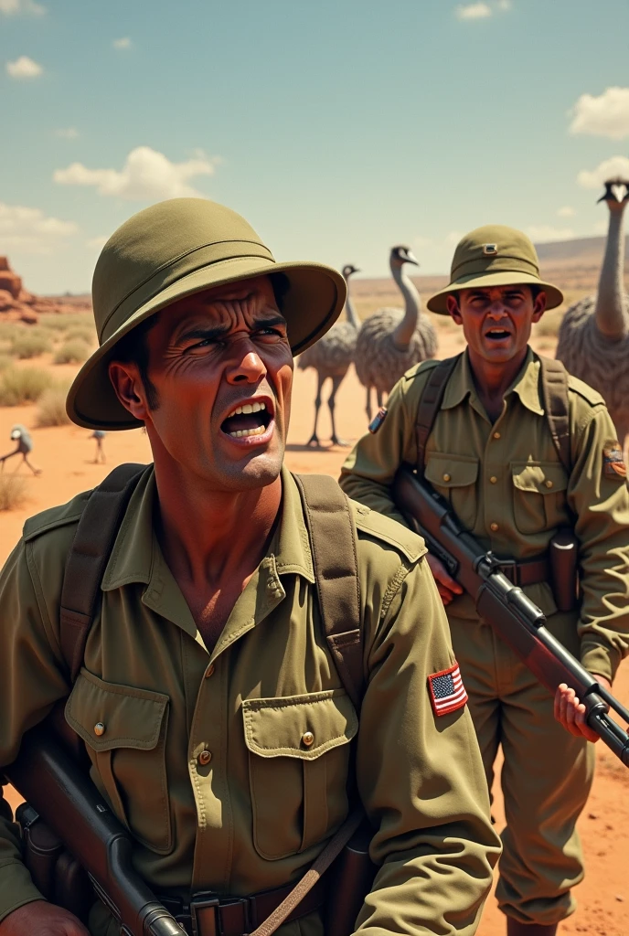 Soldiers are looking angry because they tried hard to kill amu birds but only managed to kill some of them in Australia during the great depression