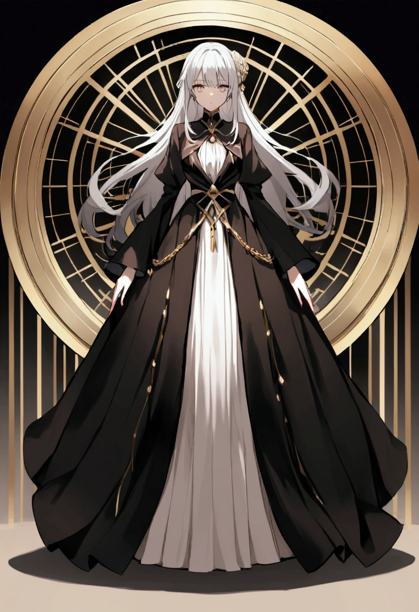 woman magician 20代のwoman The face is neat and cool Her hair is silver and long Elegant and calm Loose clothing in black robes