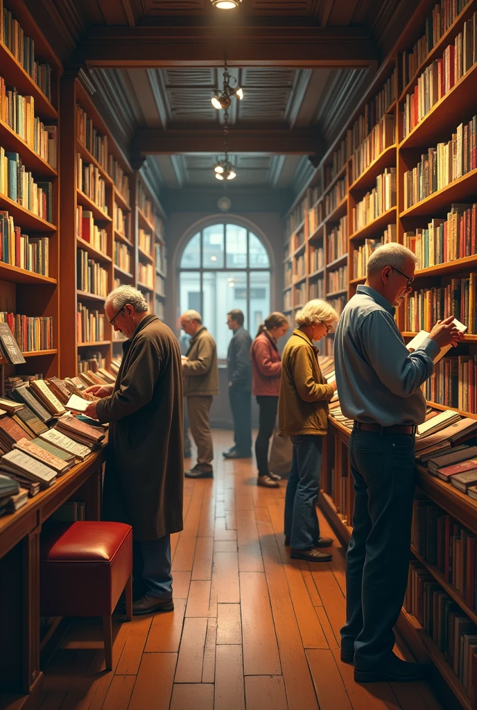 Please make a realistic photo of people choosing books inside a bookstore.. This is a scene where people of different age groups are looking at books.