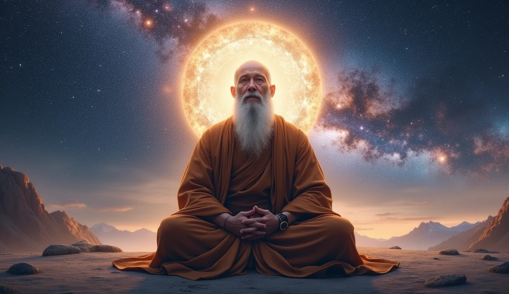 Middle-aged Bonze Elder seated in blue galaxy closeup, no hair, A meditator, With a white beard, Meditation crossed legs, Buddhism, Wearing brown robes, in the center, Facing the lens, Starry sky space, Milky Way, monk, Buddhism, cosmic background, Very Bright Colors, Light Grain, With Glowing Light, Mshiv, Background Art, UHD Wallpaper