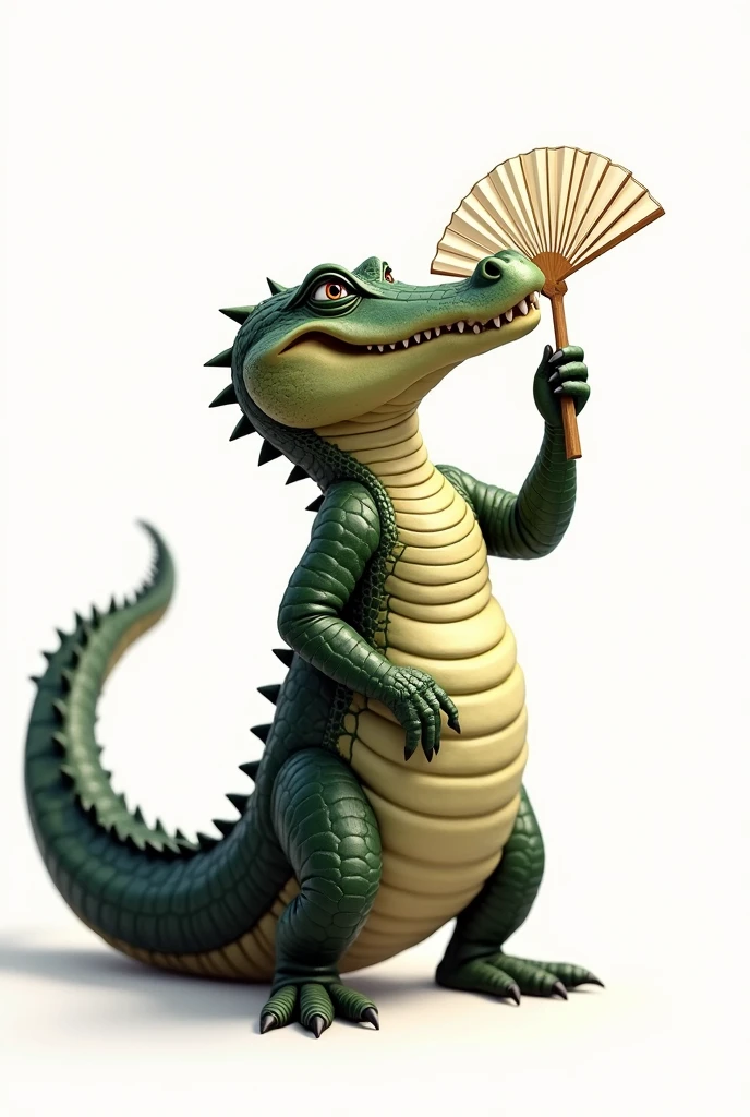An alligator fanning itself with a fan on a white background