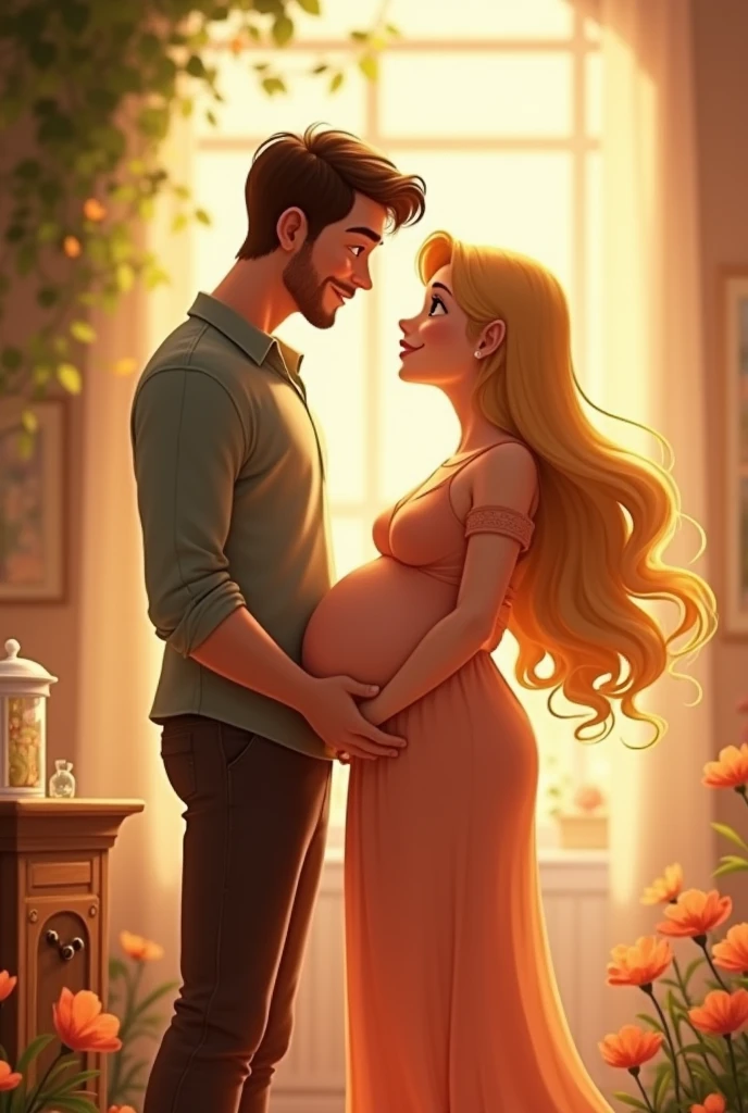 pregnant woman, long and blond hair. At her side her husband with short hair, rubio. Disney Pixar animation style.